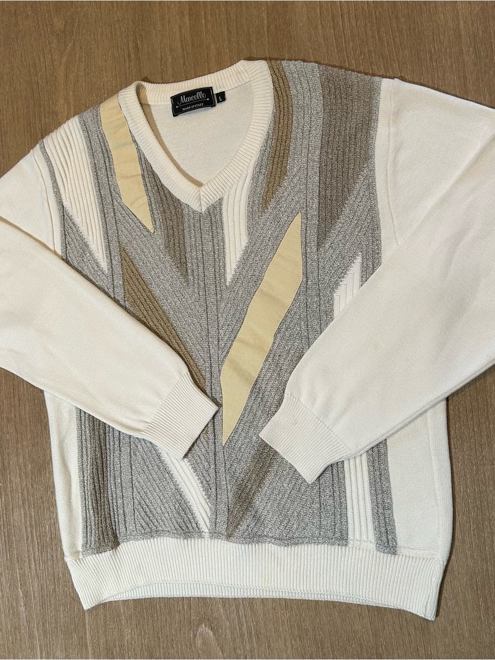 Vintage 90s Marcello Italy 3D Knit Sweater L Geometric Grandpa Cream Gray